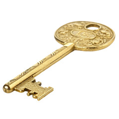 Close up of a single isolated key made of gold isolated on transparent background  
