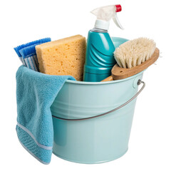 Cleaning supplies in a bucket isolated on transparent background  
