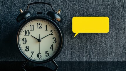 A black vintage alarm clock shows 10:10, placed against a textured gray wall with a yellow blank speech bubble beside it.