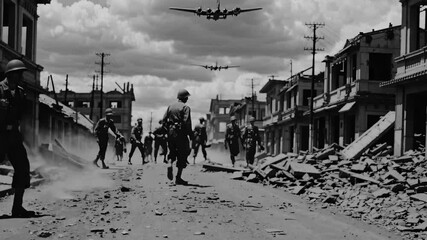 A group of soldiers walking down a street. Soldiers destroy rubble during the war. Military planes marching in the air. A contingent of troops marching along a street lifestyle.