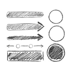 Hand drawn line chalk brush stroke arrow icon set. Chalk crayon underline, check mark, scribble and texture in rough hand sketch style. Drawn heart, frame, star design shapes. Vector illustration