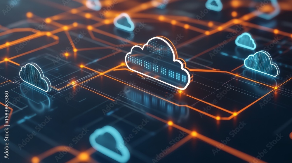 Poster connecting high-tech digital networks to servers enhancing data flow in a virtual cloud environment