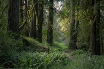 Obraz premium Sunlight Dappled Path Lush Green Moss Redwood Forest Ferns Undergrowth Ancient Trees image