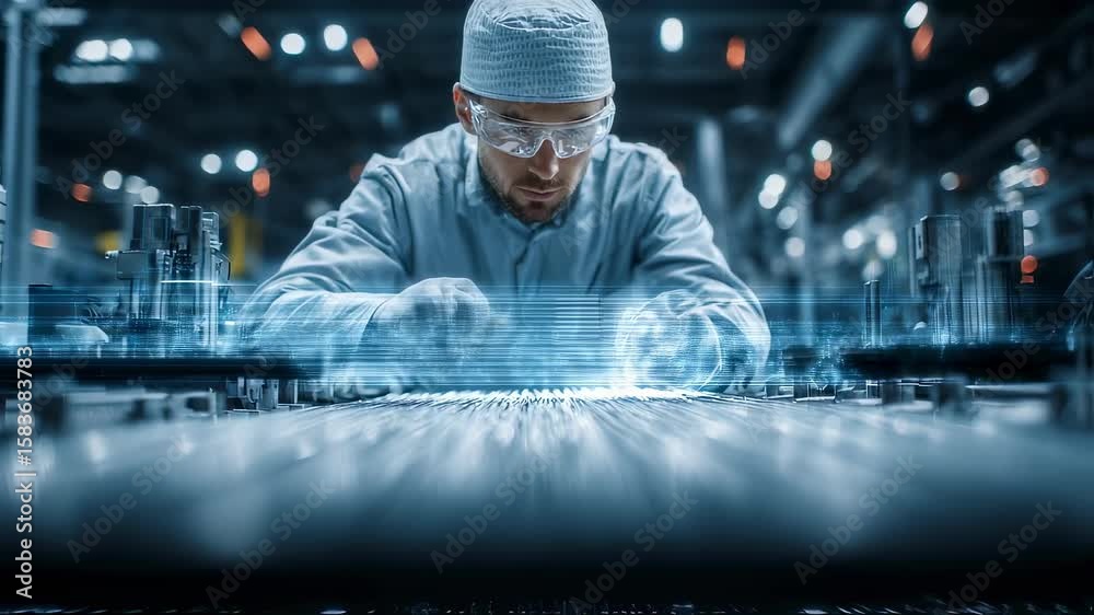 Poster engineer wearing protective glasses and lab coat is working on a production line in a modern factory