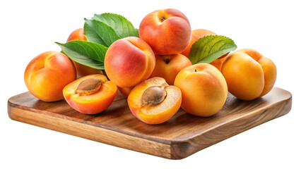 Fresh ripe apricots with leaves on a wooden cutting board still life
