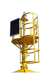 Yellow modern lighthouse with solar panel providing sustainable energy on transparent background