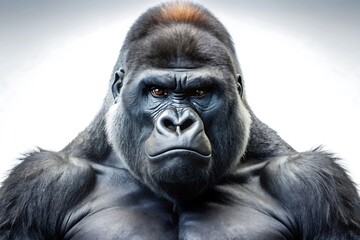 Obraz premium A powerful silverback gorilla stares intensely, isolated on white background