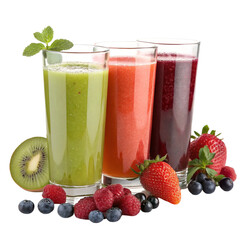 A photo of fresh fruit and berry juices in three glass glasses isolated on transparent background  
