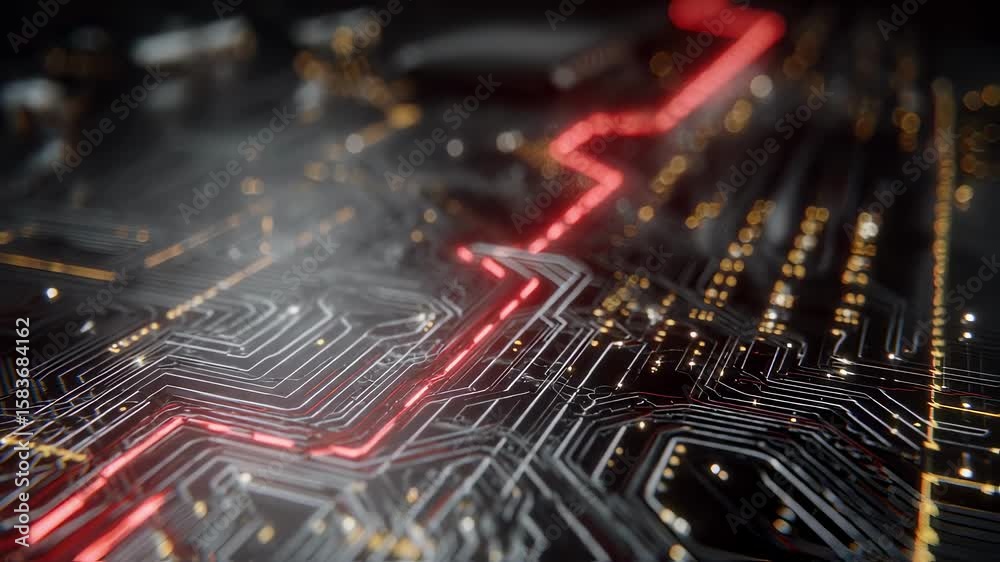 Poster complex network of circuits and connections illuminated by a flowing red light, symbolizing data tra