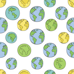 Seamless Vector Set of Colorful Earth Doodles – Hand-Drawn Planet, Nature, and Eco Icons Pattern