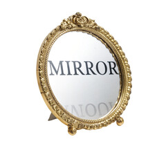 A gold mirror with a gold frame that says mirror isolated on transparent background  
