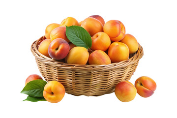 Basket full of fresh ripe apricots with leaves on a white background