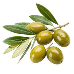 Green olives with leaves isolated on transparent background  
