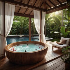 Relaxing tropical spa with jacuzzi and pool.