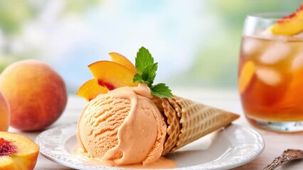 Delicious Homemade Peach Ice Cream in a Waffle Cone with Fresh Slices on National Peach Ice Cream Day