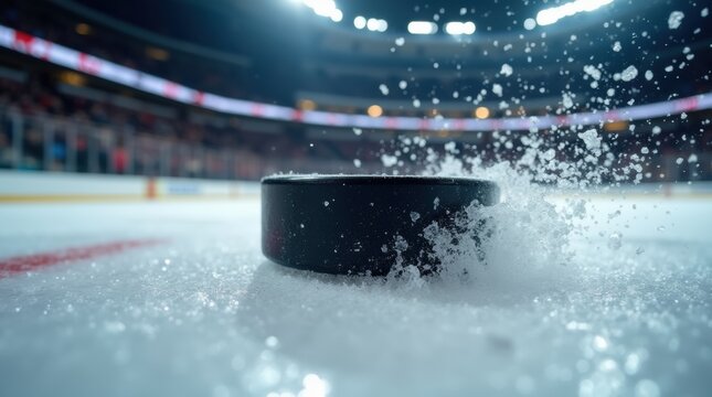 A hockey puck slides across the ice with motion blur, creating a dynamic action shot perfect for sports and competition concepts.