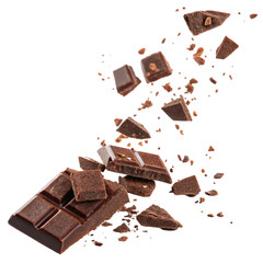 Shattered chocolate flying on transparent background isolated on transparent background  
