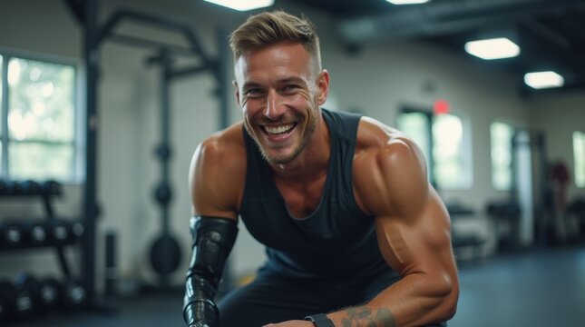 A smiling male athlete with a prosthetic arm in a gym, a concept of inclusivity, resilience, and adaptive sports.
