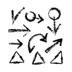 Hand drawn line chalk brush stroke arrow icon set. Chalk crayon underline, check mark, scribble and texture in rough hand sketch style. Drawn heart, frame, star design shapes. Vector illustration