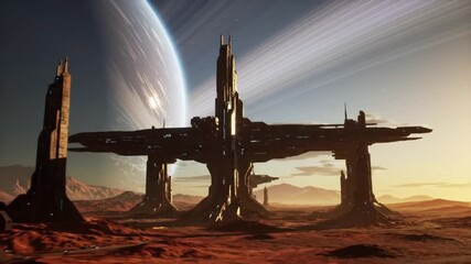 Alien planet with hilly and rocky terrain in deep outer space under starry sky