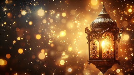 Ornate lantern bathed in warm golden light, bokeh background