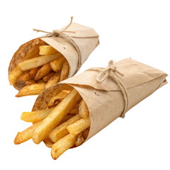 French fries wrapped in craft paper on transparent background isolated on white background  

