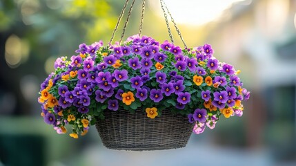Vibrant hanging basket overflowing with purple and orange flowers