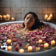 Woman relaxing in rose petal bath with candles.
