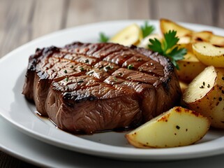 Juicy grilled steak with seasoned potato wedges and fresh parsley garnish