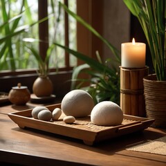 Zen stones and candle in tranquil setting.