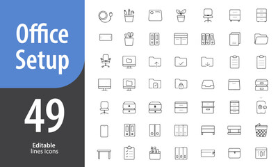 Office Setup Line Icons, Desk, Monitor, Office Chair, Computer, Workspace Layout, Editable Formats: AI, EPS, PNG, Ideal for Both UI and Print Media Use
