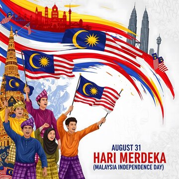 Malaysian people celebrate hari merdeka with flags and iconic landmarks