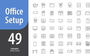 Office Setup Line Icons, Desk, Monitor, Office Chair, Computer, Workspace Layout, Editable Formats: AI, EPS, PNG, Ideal for Both UI and Print Media Use
