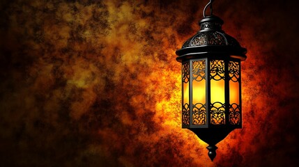 Ornate lantern glows warmly against a fiery backdrop