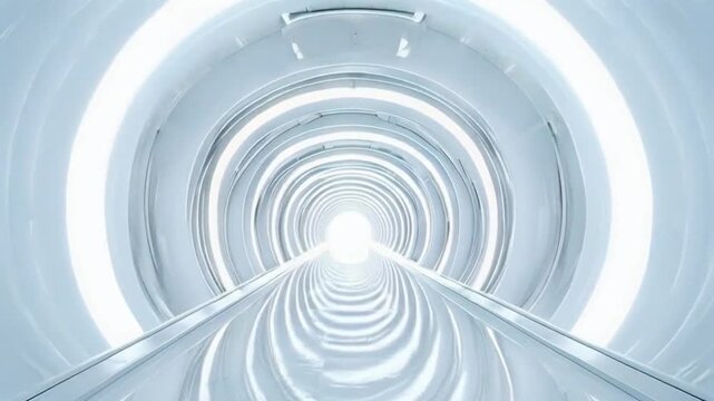 White futuristic tunnel leading to light. Wide angle. White futuristic background.