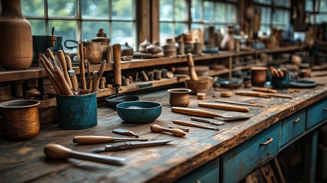 Wooden workbench filled with pottery tools and vessels - Powered by Adobe