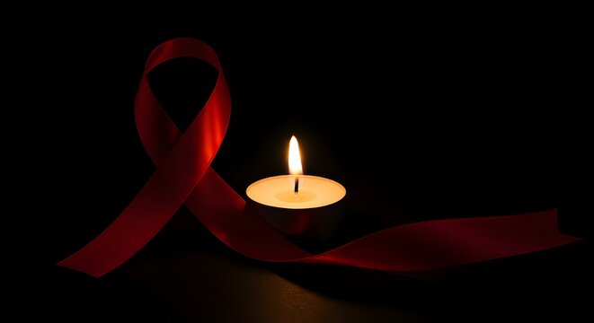 Memorial Red Ribbon Around Candle Flame Honoring AIDS Awareness and Remembrance on Dark Background