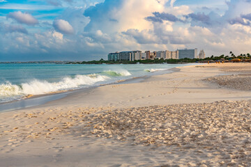 Palm Beach, Aruba's High-Rise Hotel Area: A vibrant stretch of white sand, turquoise waters, and luxury resorts.