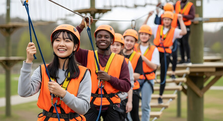 Diverse Group of Teens on Rope Course, Teamwork and Adventure