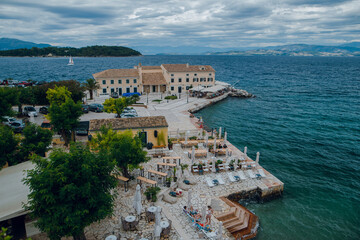 Aerial View of Coastal Village with Stone Buildings