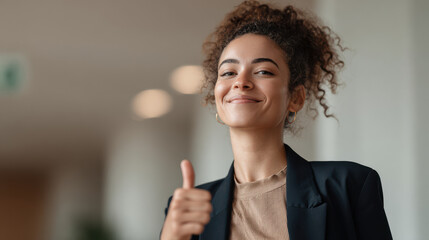 confident individual stands in office environment displaying positive affirmation gesture