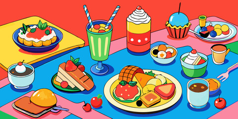 Birthday party food icons: a delightful set of fast food, pizza, burger, and hotdog illustrations with drinks and salads