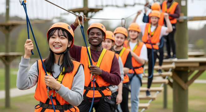Diverse Group of Teens on Rope Course, Teamwork and Adventure