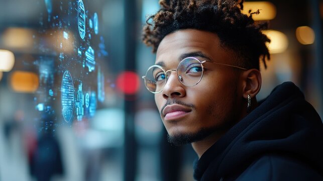 Young man looking thoughtfully at holographic data