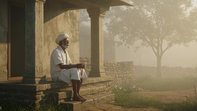 Elderly man in traditional white clothing sits peacefully near old house in rural India. Photorealistic and emotional scene, soft light, documentary atmosphere.