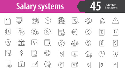 Salary System Line Icons, Payslip, Payroll, Salary Transfer, Tax Deduction, Employee Compensation, Editable Formats: AI, EPS, PNG, Ideal for Both UI and Print Media Use
