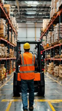 worker in warehouse with forklift.