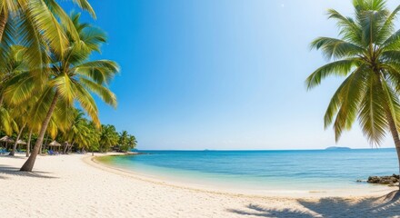 Obraz premium Tropical beach scene featuring white sand, turquoise water, and palm trees under a clear blue sky, creating a serene and idyllic coastal landscape.