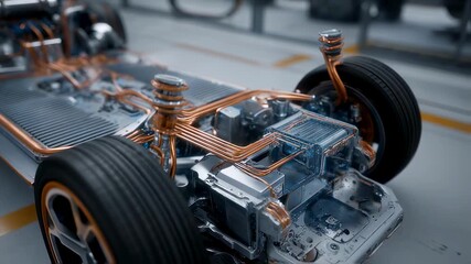 Electric vehicle chassis is revealing its components, including the engine, battery, and copper pipes, surrounded by glowing particles, creating a futuristic ambiance in an industrial setting - Powered by Adobe