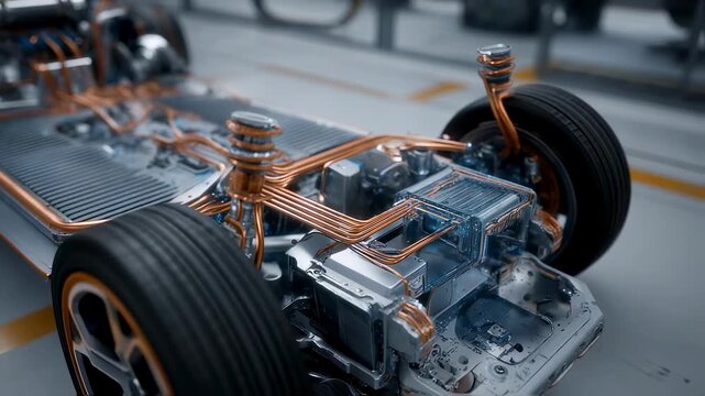 Electric vehicle chassis is revealing its components, including the engine, battery, and copper pipes, surrounded by glowing particles, creating a futuristic ambiance in an industrial setting
